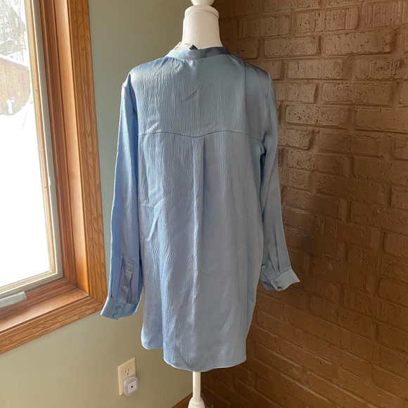 Eileen Fisher Blue 100% Silk Georgette Band Collar Shirt Blouse Size M Medium - Picture 3 of 4
